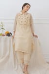 Buy_Dhaari_Beige Cotton Silk Embroidered Kantha Collared Neck Yoke Kurta _at_Aza_Fashions