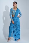 Buy_Suruchi Parakh_Blue Georgette Crepe And Tussar Silk Lining Shantoon Pre-draped Pant Saree Set _at_Aza_Fashions