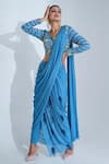 suruchi parakh_Blue Georgette Crepe And Tussar Silk Lining Shantoon Pre-draped Pant Saree Set_Online_at_Aza_Fashions