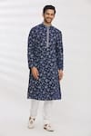 Aryavir Malhotra_Blue Handloom Cottom Printed Floral Kurta Set _Online_at_Aza_Fashions