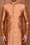 Shop_Aryavir Malhotra_Orange Jacquard Silk Woven Floral Motifs Sherwani Set _Online_at_Aza_Fashions