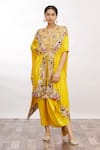 Buy_Anamika Khanna_Yellow Embroidery V Neck Kaftan Kurta And Draped Skirt Set _at_Aza_Fashions