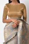 Shop_Kiran Uttam Ghosh_Silver Pleated Metallic Zari Printed Saree  _Online_at_Aza_Fashions