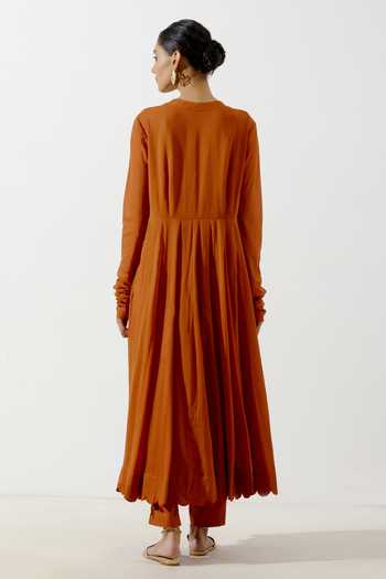 Shop_Label Earthen_Brown Cotton Mul Floral V Neck Aprajita Anarkali And Pant Set _at_Aza_Fashions