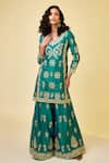 Shyam Narayan Prasad_Green Chanderi Silk Embroidery Gota Leaf Neck Kurta Set _Online_at_Aza_Fashions