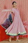 Myaara_Pink Georgette, Cotton, Organza Sequins, Embroidery Split V-neck Anarkali Set _at_Aza_Fashions