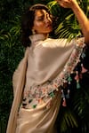 Shop_Pallavi Poddar_Ivory Organza And Dupion Embroidery Mirror Daffodil Pre-draped Saree With Cape _Online_at_Aza_Fashions