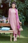 Mandira Wirk - Indian_Pink Organza, Tissue V Neck Embroidered Kurta Set _Online_at_Aza_Fashions