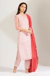 Label Earthen_White Cotton Mal, Organza Silk V Neck Polka Dot Print Kurta Set _Online_at_Aza_Fashions