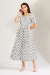 Label Earthen_White Cotton Mal U Neck Polka Dot Print Dress  _Online_at_Aza_Fashions