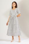 Buy_Label Earthen_White Cotton Mal U Neck Polka Dot Print Dress  _Online_at_Aza_Fashions