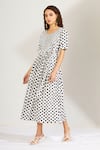 Shop_Label Earthen_White Cotton Mal U Neck Polka Dot Print Dress  _Online_at_Aza_Fashions