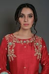 suruchi parakh_Red Tussar Silk Embroidered Floral Crew Neck Kurta Pant Set_Online_at_Aza_Fashions