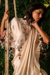 Pallavi Poddar_Ivory Organza And Dupion Embroidery Mirror Daffodil Pre-draped Saree With Cape _Online_at_Aza_Fashions