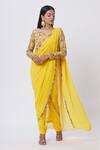 Buy_Chhavvi Aggarwal_Yellow Crepe And Georgette Floral, Dabka & Sequin Round Pre-draped Pant Saree Set _at_Aza_Fashions