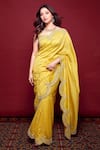 Buy_Mishru_Yellow Chanderi V Neck Saree With Blouse  _at_Aza_Fashions