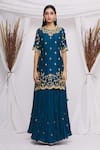 Buy_Surbhi Shah_Blue Chanderi Embroidered Floral Motifs Round Kurta Lehenga Set _Online_at_Aza_Fashions