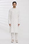 Aham-Vayam_White Cotton Embroidery Sequin And Thread Kurta & Pant Set _Online_at_Aza_Fashions