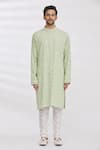 Aham-Vayam_Green Cotton Embroidery Sequin And Thread Kurta & Pant Set For Kids_Online_at_Aza_Fashions