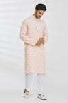 Buy_Aham-Vayam_Peach Cotton Embroidery Sequin And Thread Kurta & Pant Set _at_Aza_Fashions