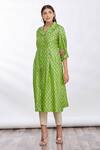 Shop_Mathili's_Green Printed Floral And Bird Motifs Notched Lapel Collar Tunic  _Online_at_Aza_Fashions