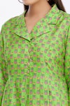 Mathili's_Green Printed Floral And Bird Motifs Notched Lapel Collar Tunic  _at_Aza_Fashions