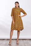 Buy_Mathili's_Yellow Checkered Crew Neck Dress  _Online_at_Aza_Fashions