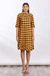 Shop_Mathili's_Yellow Checkered Crew Neck Dress  _Online_at_Aza_Fashions