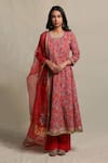 Abbaran_Red Cotton Cambric Dupatta Organza Round Block Print Anarkali Set _Online_at_Aza_Fashions