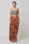 DiyaRajvvir_Orange Georgette Printed Floral Jaal Cape Open And Dhoti Skirt Set _at_Aza_Fashions