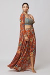 Buy_DiyaRajvvir_Orange Georgette Printed Floral Jaal Cape Open And Dhoti Skirt Set _Online_at_Aza_Fashions