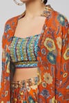 Shop_DiyaRajvvir_Orange Georgette Printed Floral Jaal Cape Open And Dhoti Skirt Set _Online_at_Aza_Fashions