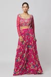 DiyaRajvvir_Fuchsia Georgette Printed Floral Sweetheart Neck Sharara Saree With Blouse _Online_at_Aza_Fashions