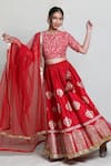 Buy_Abbaran_Red Cotton Silk Dupatta Net Embroidery Foil Block Print Bridal Lehenga Set _at_Aza_Fashions