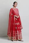 Abbaran_Red Cotton Silk Dupatta Net Embroidery Foil Block Print Bridal Lehenga Set _Online_at_Aza_Fashions