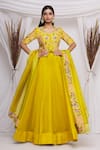 Buy_Surbhi Shah_Yellow Organza Embroidered Floral Motifs Round Blouse With Lehenga Set _Online_at_Aza_Fashions