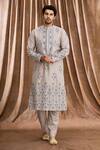 Buy_Rar Studio_Blue Handloom Chanderi Aari , Patra Kurta And Pant Set_at_Aza_Fashions