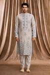Buy_Rar Studio_Blue Handloom Chanderi Aari , Patra Kurta And Pant Set_Online_at_Aza_Fashions