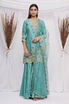Buy_Surbhi Shah_Blue Spun Silk Floral Motifs Notched Embroidered Kurta Sharara Set _at_Aza_Fashions