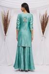 Shop_Surbhi Shah_Blue Spun Silk Floral Motifs Notched Embroidered Kurta Sharara Set _at_Aza_Fashions