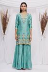 Buy_Surbhi Shah_Blue Spun Silk Floral Motifs Notched Embroidered Kurta Sharara Set _Online_at_Aza_Fashions