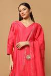 Shop_Two Sisters By Gyans_Pink Cotton, Chanderi Mirrors, Embroidery V-neck Kurta Set _Online_at_Aza_Fashions