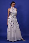 Shop_Rimi Nayak_White Modal Satin Printed Flower Pattern Halter Clitoria Gown _Online_at_Aza_Fashions