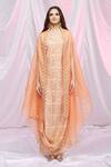 Buy_Petticoat Lane By Divya_Orange Organza, Chanderi Floral Motifs Cape Open, Kurta Cowl Drape With _Online_at_Aza_Fashions