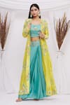 Buy_Surbhi Shah_Blue Cora Silk Embroidered Floral Cape Open Jacket And Lehenga Set _at_Aza_Fashions