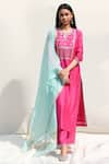 Buy_Abbaran_Pink Cotton Silk Dupatta Chanderi Embroidery Round Kurta Set _at_Aza_Fashions