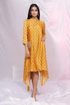 Buy_PUNIT BALANA_Yellow Silk Satin Embroidered Patch Work Mandarin Chevron Bandhani Print Tunic _at_Aza_Fashions