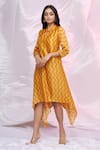 Buy_PUNIT BALANA_Yellow Silk Satin Embroidered Patch Work Mandarin Chevron Bandhani Print Tunic _Online_at_Aza_Fashions