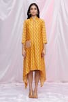 Shop_PUNIT BALANA_Yellow Silk Satin Embroidered Patch Work Mandarin Chevron Bandhani Print Tunic _Online_at_Aza_Fashions