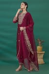 Buy_Asaga_Maroon Embroidered Thread Notched Kurta Pant Set _Online_at_Aza_Fashions